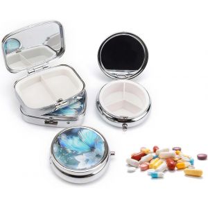 Tianyi-4 Pièces Boite Medicaments, Avec Miroir Pilulier Journalier, Motif-Papillon, Pilulier Voyage, Rond Et Carré, Pour Ranger Médicaments, Vitamines, Bonbons - Neuf