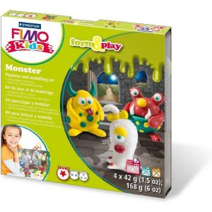 SJZG-- Fimo Kids Form&Play - Set "Les Monstres" - 4 Pains P&acirc;te &Agrave; Modeler 42 G Assortis + 1 Outil De Modelage + 1 D&eacute;cor + Notice D'Utilisation D&eacute;taill&eacute;e - 8034 11 Ly - Neuf