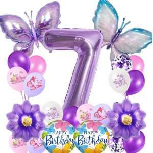 SJZG-Ballon Papillon 7&Egrave;me Anniversaire Fille,Anniversaire Fille 7 Ans,Ballons Anniversaire,Ballon Transparent Violet Papillon,D&eacute;coration De F&ecirc;te D'Anniversaire Pour Enfants - Neuf