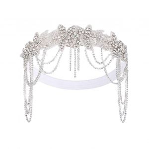 Bandeau Avec Strass Brillants Pour Femmes, Chaîne En Forme De Fleur, Pompon Avec Perles, Décoration, Accessoire Pour Cheveux De Mariée-Blanc - Neuf