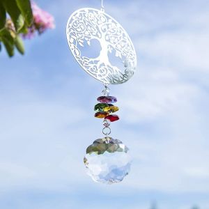 Mevronisshop-Cristal Suncatcher Suspendu Arbre De Vie En M&eacute;tal Color&eacute; Chakra Perle Feng Shui Cristal Pendentif D&eacute;coration De Jardin - Neuf