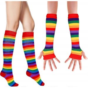 Rainbow Rayé Bras Jambe Chaussettes Ensemble - Long Tricot Sur Genou Cuisse Chaussettes Hautes Plus Chaud - Neuf