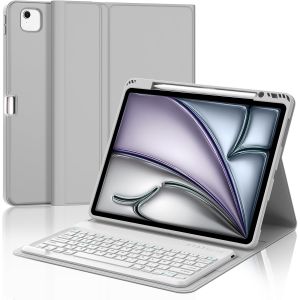 Coque Clavier Pour Ipad Air 13 Pouces M3/M2 2025/2024, Ipad Air 13 Clavier, Azerty Français Clavier Magnétique Détachable Bluetooth, Gris Clair - Neuf