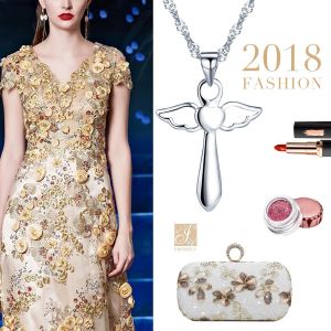 925 Argent Simple Ailes D'anges Croix Pendentif Femme Collier Avec 45cm Cha&icirc;ne (Avec Sac Cadeau) - Neuf