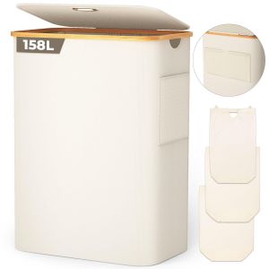 CHECARZHN--NO1-Panier À Linge 3 Compartiments Avec Couvercle 158L Corbeille A Linge Pliable En Tissu Oxford 600D Avec Sac À Linge Amovible, Poche En Filet À L'Arrière Bac A Linge Laundry Baskets, Beige - Neuf