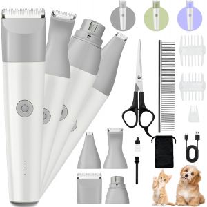 4 En 1 Tondeuse Pour Chien Set, Tondeuse Faible Bruit Pour Chien, Fondeuse Toilettage Pour Animaux Sans Fil, Tondeuse Chat Rasoir Pour Chiens Avec 4 Têtes De Coupe Multifonctions, Gris - Neuf
