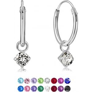 Kal-® Boucles D'oreilles Petites Créoles En Argent Fin 925 Avec Petit Pendentif 3 Mm Cristaux De Swarovski® Elements Ronds - Épaisseur 1.2 Mm - Diamètre: 12 Mm - Neuf