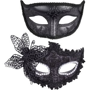 2 Pi&egrave;ces Masque V&eacute;nitien Couple Masque Mascarade Femme Dentelle Masque V&eacute;nitien Pour Femme Homme Mascarade F&ecirc;te,Noir - Neuf