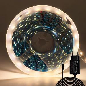 Ruban Led 5m Blanc Chaud, 12v Bande Led 5 M&egrave;tres 300leds Smd5050 Bande Lumineuse Led Light Strip Flexible Pour Int&eacute;rieur Et Chambre Tv No&euml;l D&eacute;coration (Avec Adaptateur) - Neuf