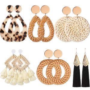 6 Paires Femmes Fait &Agrave; La Main En Rotin Boucles D'oreilles D&eacute;claration Acrylique Boucles D'oreilles G&eacute;om&eacute;triques En Paille - Neuf