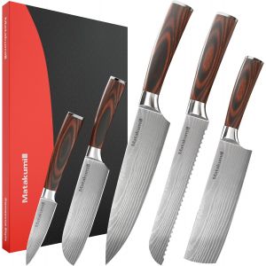 Jexnovashop-Couteau Cuisine Japonais Inspir&eacute; Set Avec Motif Damass&eacute; Grav&eacute;, Lames En Acier Au Carbone Avec Manche Ergonomique Pour Un Confort Durable, 5 Pi&egrave;ces Couteau Cuisine Professionnel - Neuf