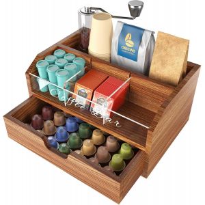 Eryi-Organiseur De Station De Café En Bois Massif Et Acrylique Avec Tiroir De Rangement, Compartiments Réglables Multi-Usages Pour La Maison, Le Bureau, L'hôtel, Le Comptoir De Cuisine Pour Le Thé, - Neuf