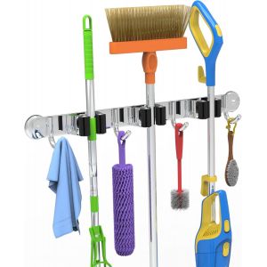 1 Pi&egrave;ce Porte Balai Mural 43cm,Accroche Balai Mural Cintre Acier Inoxydable avec 4 Emplacements et 5 Crochets Sans Percage pour Cuisine, Salle de Bain, Garage et Jardin - Neuf