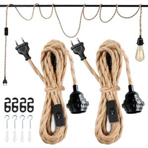SUBZONAL-2 Pi&egrave;ces Douille E27 avec C&acirc;ble 4.5m en Corde de Chanvre Tress&eacute;e Vintage et Interrupteur, Suspension Douille E27 Corde pour DIY Lampe Suspension Cuisine Cave Loft Entrep&ocirc;t - Neuf