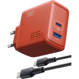 JGD-65W Chargeur USB C,GaN &iquest; Tech 2-Port USB C-USB A Chargeur Rapide avec, Compact Gain de Place, pour MacBook iPad Pro/Air, iPhone 15 14 13 Pro Max, Galaxy S23 ect. - Neuf