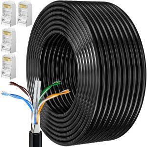 ERYI-Cable Ethernet 15M, Cable Rj45 Blindé Cat 6 Gigabit Câble Réseau Extérieur Cable Lan Ftp 23Awg Cable Internet Noir 15 Mètres - Neuf