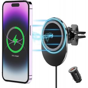 ERYI-15W Qi Chargeur Induction Voiture Charge Rapide, Mag-Safe Chargeur Sans Fil Voiture Rapide, Support Voiture Magn&eacute;tique, Compatible Avec Iphone 15/14/13/12/Pro Max/Mini(Chargeur Qc3.0 Inclus) - Neuf