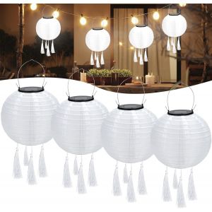 4 Pcs Lampion Solaire Exterieur, 20 Cm Lanterne Solaire Lampions Blanc Chaud, Suspension Solaire Exterieur Led Avec 4 Franges Pour Balcon, Mariage, Anniversaire, C&eacute;l&eacute;brations - Neuf