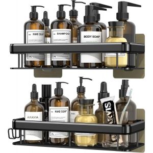 Lot De 2 Etagere Douche Sans Percage Noir, Serviteurs De Douche Murales Adhésives Antirouille Avec 1 Porte-Serviettes, 4 Crochets, Pour Rangement Et Organisation De La Salle De Bai[POU8805773] - Neuf