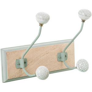 Porte-manteau mural en bois avec 2 crochets en m&eacute;tal et c&eacute;ramique en naturel et vert 19 x 28 x 14 cm - Neuf
