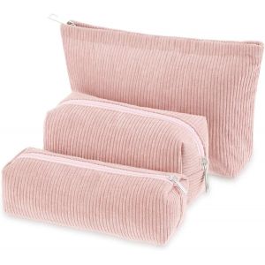 MAA-Lot de 3 Trousse de Maquillage en Velours côtelé, Trousse de Toilette Femme, Pochette Maquillage Portable, Grande capacité Makeup Bag (Rose) - Neuf
