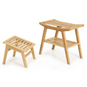 Tabouret de douche avec repose-pieds 52 x 29 x 44 cm support 150 kg ergonomique style naturel en bambou Helloshop26 20_0019571 - Neuf
