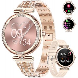 Montre Connectée Femme 1,19"" Amoled Bluetooth Appels Pour Android Ios Montre Femme Connectée Fitness Activity Tracker Fréquence Cardiaque Sommeil Moniteur Diamond Rose Or Acier Smartwatch Femme - Neuf