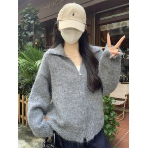 Manteau Pull En Laine D'alpaga Tricoté À Double Fermeture Éclair Et Col Polo Ample Pour Femme, Automne Et Hiver - Neuf