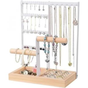 Porte Bijoux Sur Pied, Présentoir À Bijoux Grand, Organisateur De Bijoux Suspendu Avec Plateau Et Crochets Blanc - Neuf