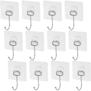 Loc-Crochet Adh&eacute;sif 12 Pi&egrave;ces Crochets Adhesifs Transparent Auto Adhesif 10 Kg (Max), Crochet Adhesif Mural, Pour Accroche Salle De Bain,Cuisine,Plafond,Accrocher,Mural,Peignoirs,Porte Serviette - Neuf