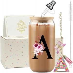 Trahoo-Zioisnm A-Z Lettre Verre Avec Paille 500 Ml Verre Matcha Avec Couvercle Cadeau Femme Id&eacute;al Cadeau Femme Anniversaire No&euml;l Ou Saint-Valentin Pour &Eacute;pouse M&egrave;re Ou Couple (A) - Neuf