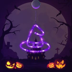 CAUC-D&eacute;coration d'Halloween avec ventouse, motif chapeau de sorci&egrave;re violet, lampe suspendue &agrave; piles pour f&ecirc;te d'Halloween - Neuf