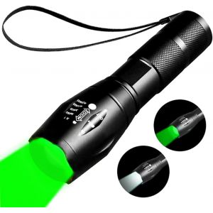 2 In 1 White & Green Light Flashlight, Rechargeable Green Hunting Flashlight, Outdoor Zoom Tactical Green Flashlight 2 Modes - Neuf