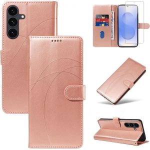 CAUC-Coque Compatible avec Samsung Galaxy S25 FE 5G (Pas pour S25) avec 1 Pi&egrave;ce Protection &Eacute;cran en Verre Tremp&eacute;, Housse PU Cuir &agrave; Rabat Flip, &Eacute;tui Support et Portefeuille Fonction (Or Rose) - Neuf