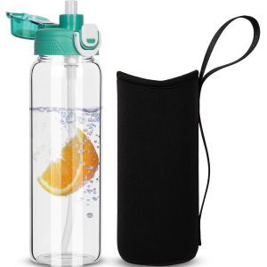 0.8l Gourde En Verre Avec Paille,800ml Bouteille D'eau En Verre Borosilicaté Anti-Fuite Avec Étui De Protection En Néoprène.[B1281] - Neuf
