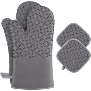 SJZG-Gants De Four Et Maniques, Gants Antid&eacute;rapants En Silicone R&eacute;sistant &Agrave; La Chaleur Pour Support De Plateaux Chauds Pour La Cuisson, 2 Gants&2 Maniques (Gris/Tr&egrave;fle A Quatre Feuilles) - Neuf