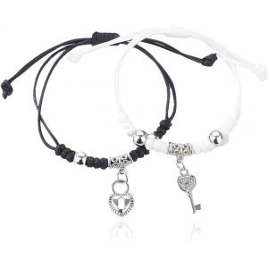 Kal-Bracelets Fantaisie Prix Mini,Bracelet Tressé Avec Serrure En Platine Pour Couple, 2 Pièces, Cadeau Pour Petite Amie, Petit Ami, S?ur, Famille (Noir, Blanc) - Neuf