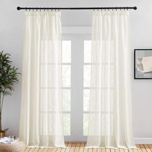 Tianyi-Rideaux Voilage De Fenêtre - Rideau Salon Panneaux Beige Voile En Lin Effet Motif De Croix Avec Galon Fronceur Elegant Pour Décoration, L140xh260cm, Beige Clair, Lot De 2 - Neuf