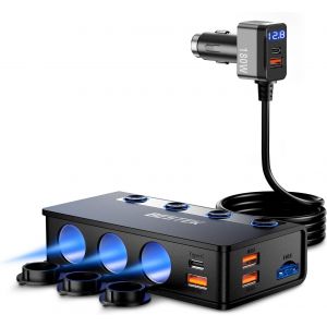 Chargeur de Voiture 180W USB-C PD USB QC3.0,3 Prises Adaptateur Allume Cigare USB 12V/24V avec 6 Ports avec Affichage LED pour iPhone Dash Cam - Neuf