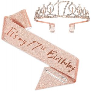 KALANKA-Or Rose 17e Anniversaire Ceinture et Diadème pour Filles - Cadeaux et Fournitures pour Joyeuse Fête - Neuf
