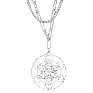Kal-Collier Pendentif Cube De Metatron Pour Hommes Femmes En Acier Inoxydable Style G&eacute;om&eacute;trique &Eacute;vider Sceaux D'archange Collier Gu&eacute;rison Spirituelle Talisman Bijoux - Neuf