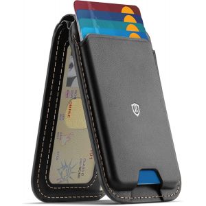 SJZG-Porte-Cartes Magn&eacute;tique En Cuir V&eacute;ritable Avec Support R&eacute;glable, Maintien 6 Cartes, Porte-Cartes Adh&eacute;sifs [Rfid Blocage] Porte Carte Magnetique Pour Iphone S&eacute;rie 16/15/14/13/12 - Noir R&eacute;tro - Neuf