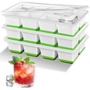 Kal-Grand Bac À Glacon, Lot De 3 Bacs À Glaçons En Silicone Avec Couvercle, Sans Bpa - Empilable Moule À Glaçons Pour 24 Gros Glaçons, Idéal Pour Cocktails, Whisky, Jus (Couleur Vert) - Neuf