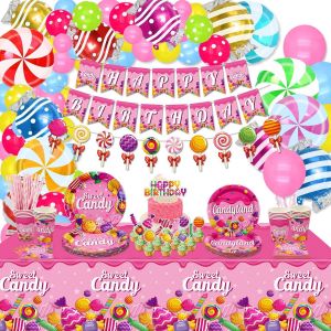 Chicslick-Candyland Sucette Décorations De Fête D'anniversaire ¿ Comprend Ballons, Bannière, Assiettes, Nappes, Tasses, Serviettes Pour Fête Sur Le Thème Des Bonbons ¿ Pour 20 Personnes[X1966] - Neuf