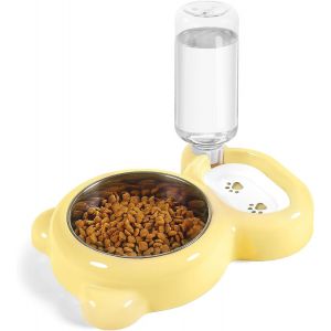Double Gamelle Pour Chien Et Chat, Avec Distributeur D'eau Automatique, Bol Amovible En Acier Inoxydable Pour Petits Chiens Et Chats, Chaton, Lapin, Jaune Clair - Neuf