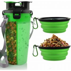Gourde Pour Chien Avec 2 Gamelles Pliables, 2 En 1, Portable, Pour Eau Et Nourriture, Pour Chiens, Chats, Animaux De Compagnie, Pour La Marche, L'exercice, La Randonnée Et Le Camping (Verte) - Neuf