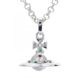 Collier Saturne Color&eacute; Pour Femme, Pendentif Saturne &Eacute;toile Du Ciel Avec Cristal (Argent&eacute;) - Neuf