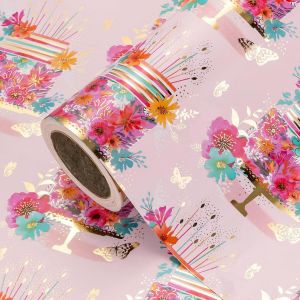 Papier D'emballage D'anniversaire En Aluminium - Mini Rouleau - 43,2 Cm X 5 M - Papier D'emballage De Gâteau D'anniversaire Floral Pour Enfants Filles Femmes Anniversaire, Baby Shower - Neuf