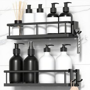 ipow Lot de 2 &eacute;tag&egrave;res de douche sans per&ccedil;age - &Eacute;tag&egrave;re de douche sans per&ccedil;age - Support de douche pour shampooing, panier de douche avec 4 crochets amovibles - Noir - Neuf