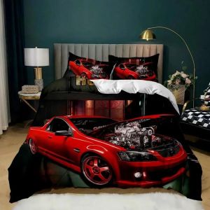 Parure De Lit Double Avec Housse De Couette Et Motif De Voiture De Course, Motif Flamme Rouge Ardente, Motif Voiture De Sport 3d, King Size, 2/3 Pieces, Housse De Couette En Polyester - Neuf